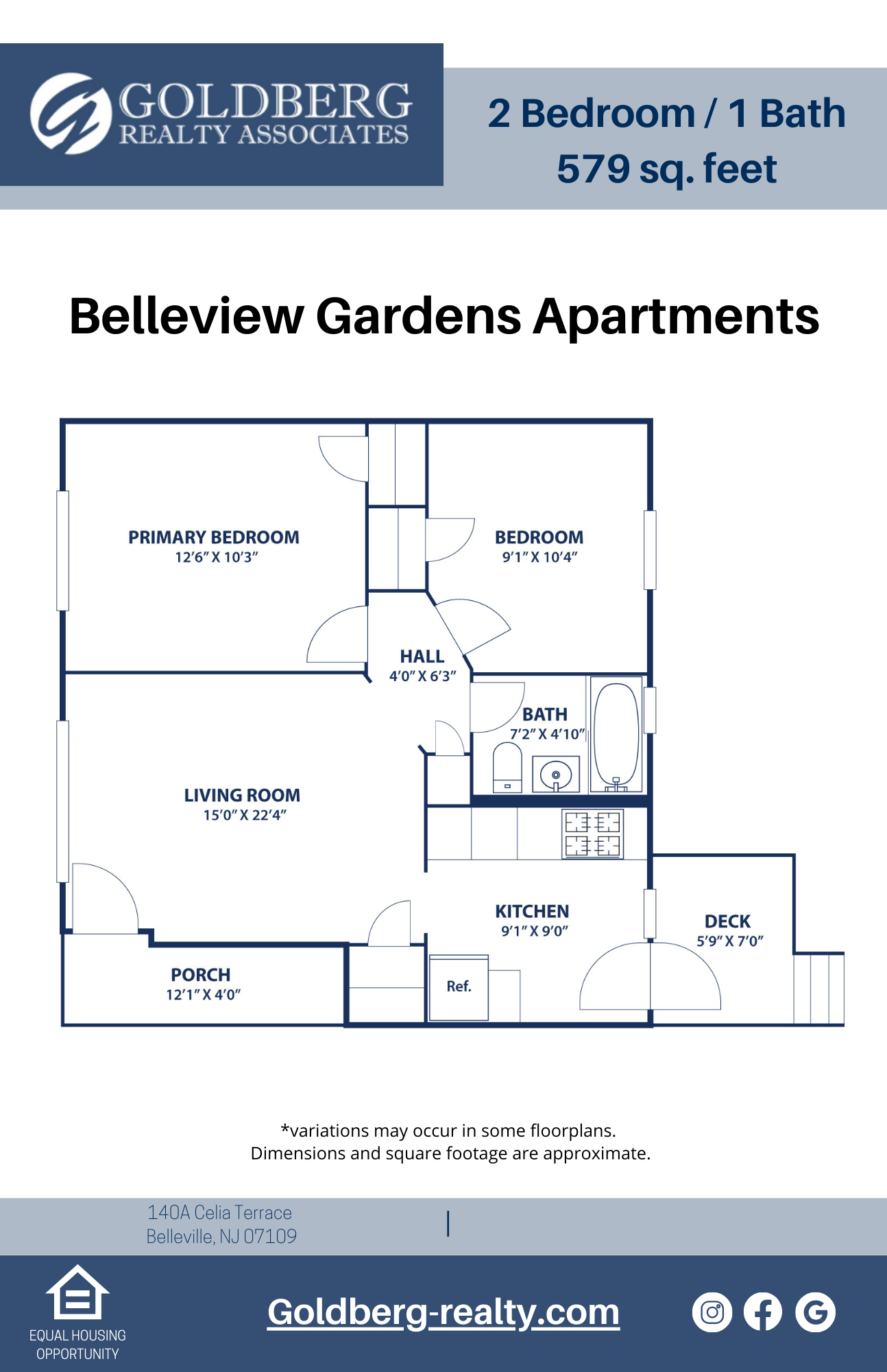 Floor plan for 2 beds, 1 bath, 579 sqft