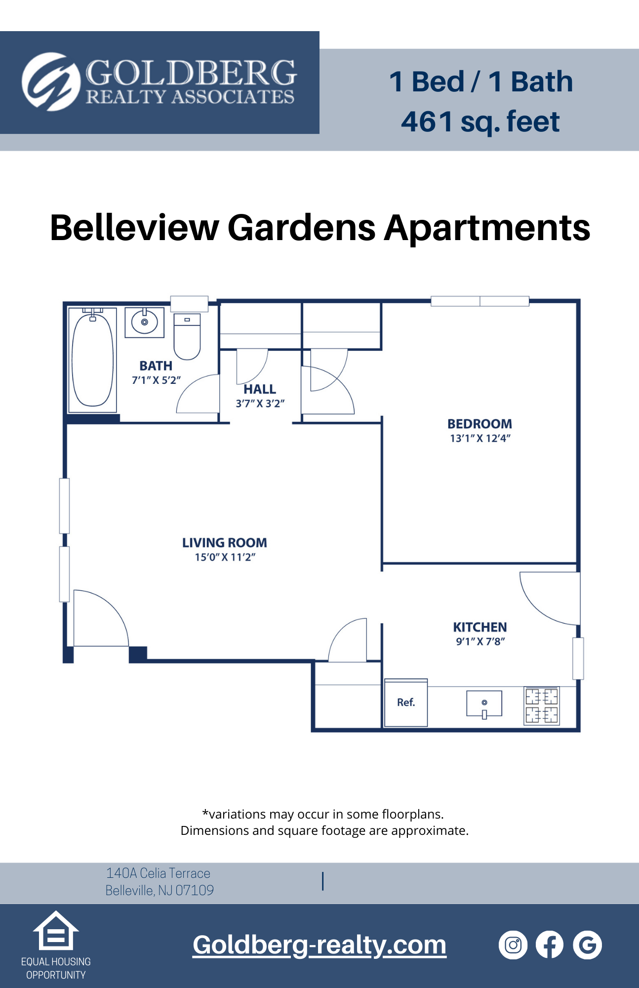 Floor plan for 1 bed, 1 bath, 461 sqft