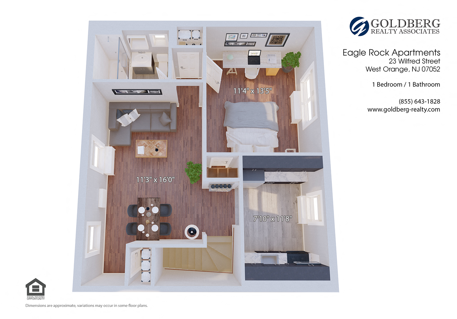 Floor plan for 1 bed, 1 bath, 660 sqft