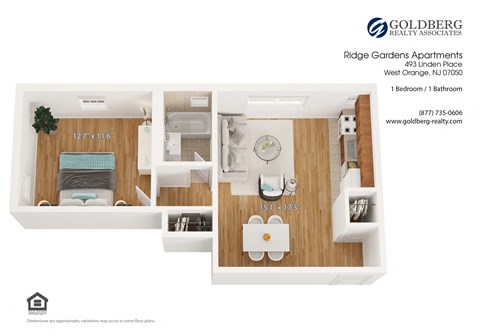 Floor plan for 1 bed, 1 bath, 540 sqft