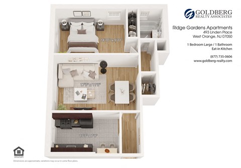 Floor plan for 1 bed, 1 bath, 670 sqft