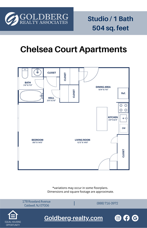 Floor plan for studio, 1 bath, 504 sqft