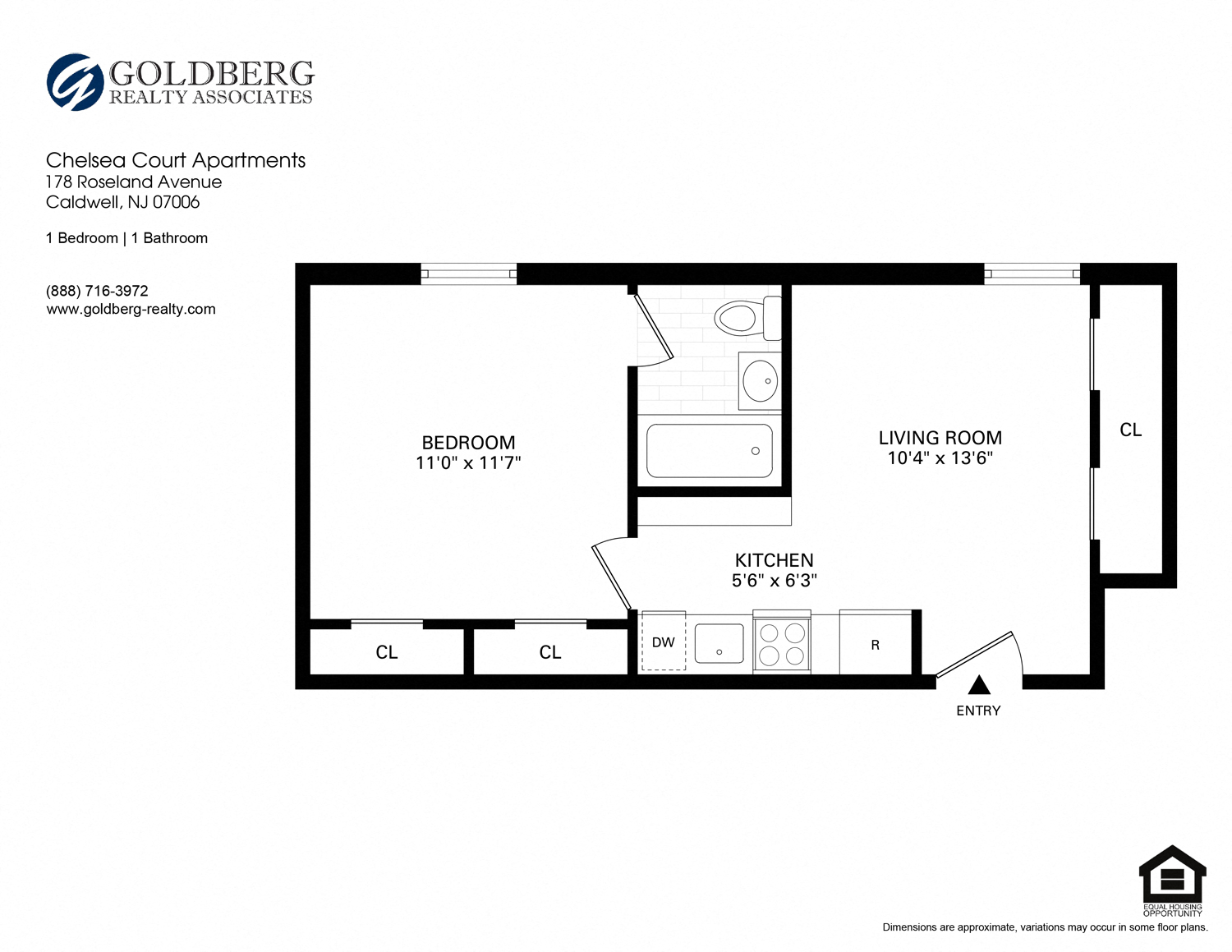 Floor plan for 1 bed, 1 bath, 368 sqft