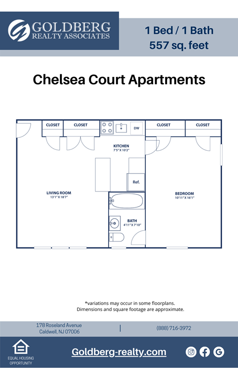 Floor plan for 1 bed, 1 bath, 557 sqft