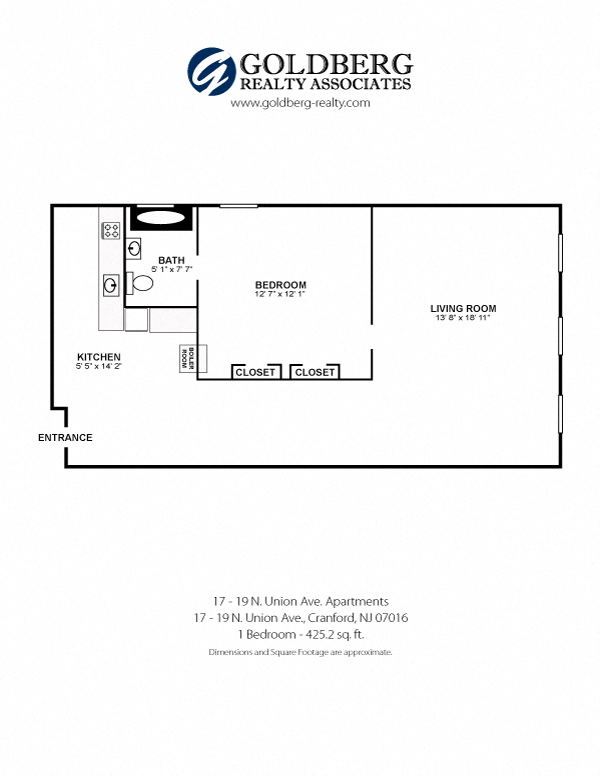Floor plan for 1 bed, 1 bath, 425 sqft