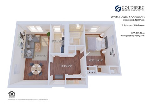 Floor plan for 1 bed, 1 bath, 700 sqft