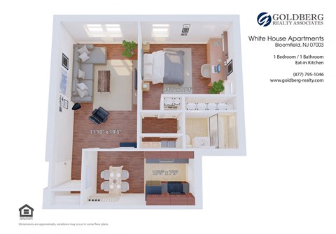Floor plan for 1 bed, 1 bath, 732 sqft