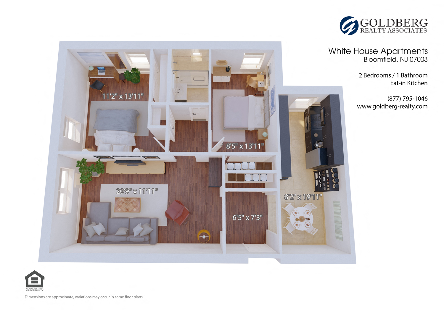 Floor plan for 2 beds, 1 bath, 980 sqft
