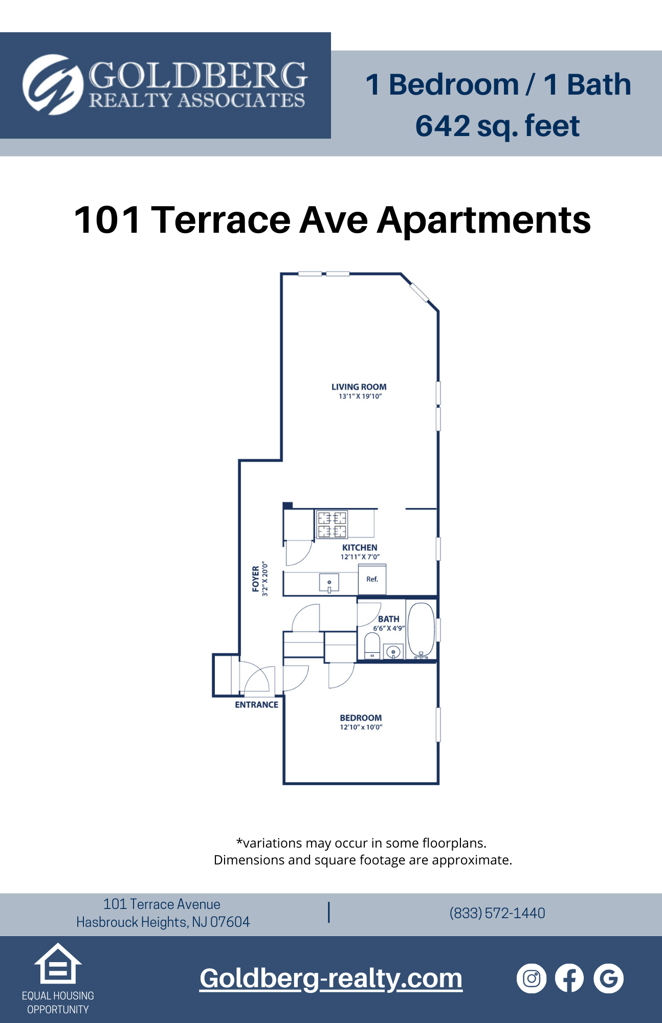 Floor plan for 1 bed, 1 bath, 642 sqft
