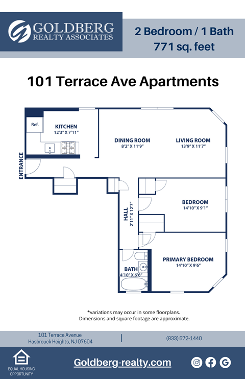 Floor plan for 2 beds, 1 bath, 771 sqft