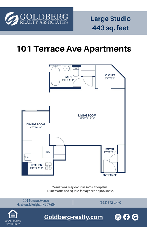 Floor plan for studio, 1 bath, 443 sqft