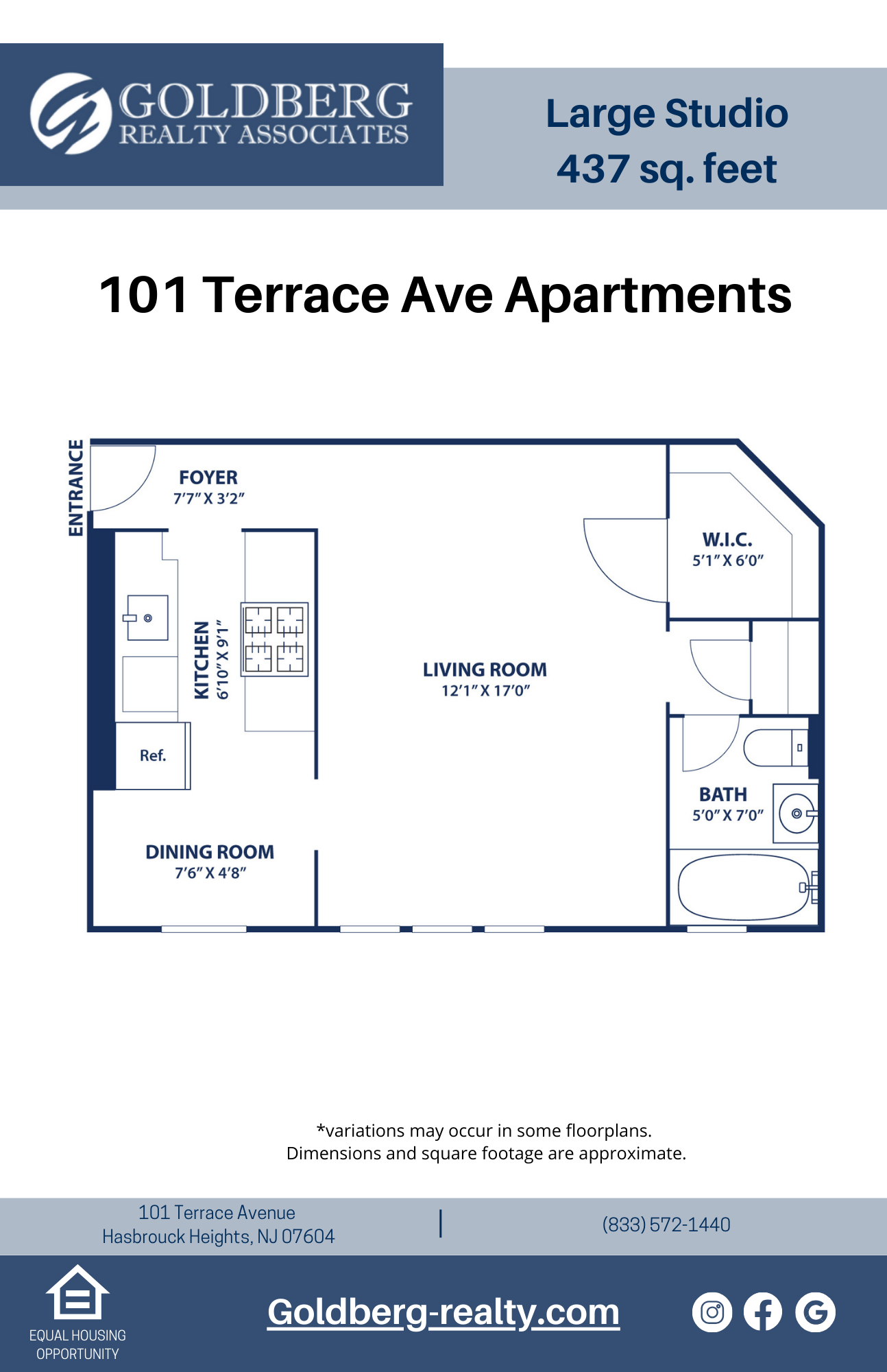 Floor plan for studio, 1 bath, 437 sqft