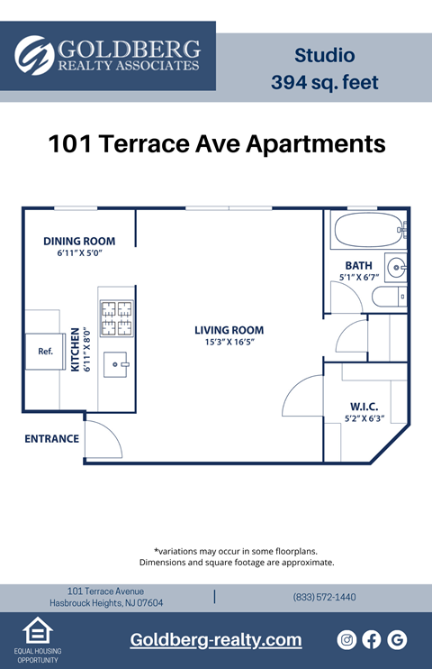 Floor plan for studio, 1 bath, 394 sqft