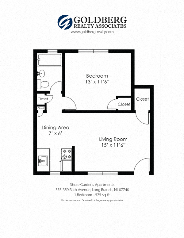 Floor plan for 1 bed, 1 bath, 575 sqft