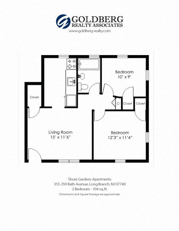 Floor plan for 2 beds, 1 bath, 704 sqft