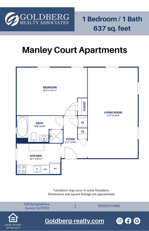 Floor plan for 1 bed, 1 bath, 637 sqft