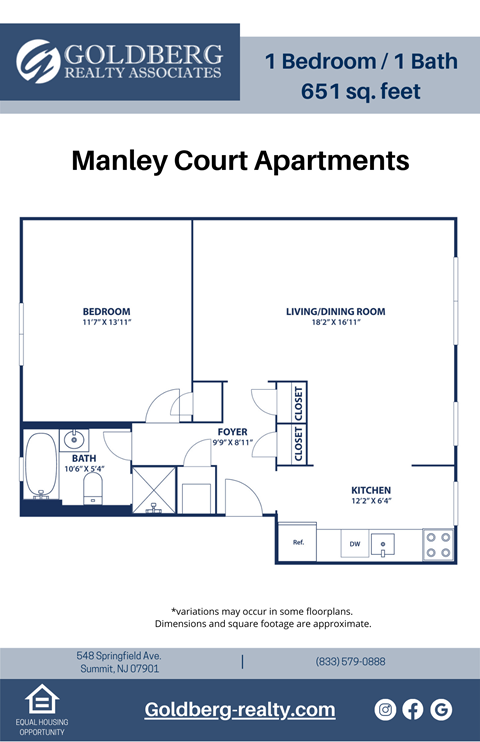 Floor plan for 1 bed, 1 bath, 651 sqft