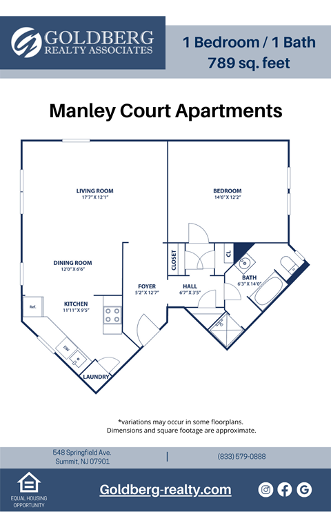 Floor plan for 1 bed, 1 bath, 789 sqft