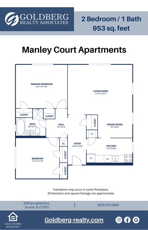 Floor plan for 2 beds, 1 bath, 953 sqft