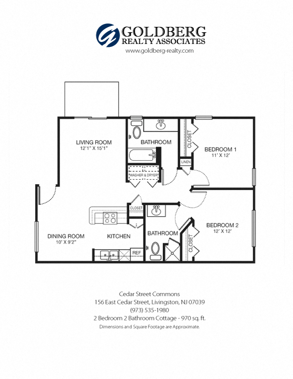 Floor plan for 2 beds, 2 baths, 970 sqft