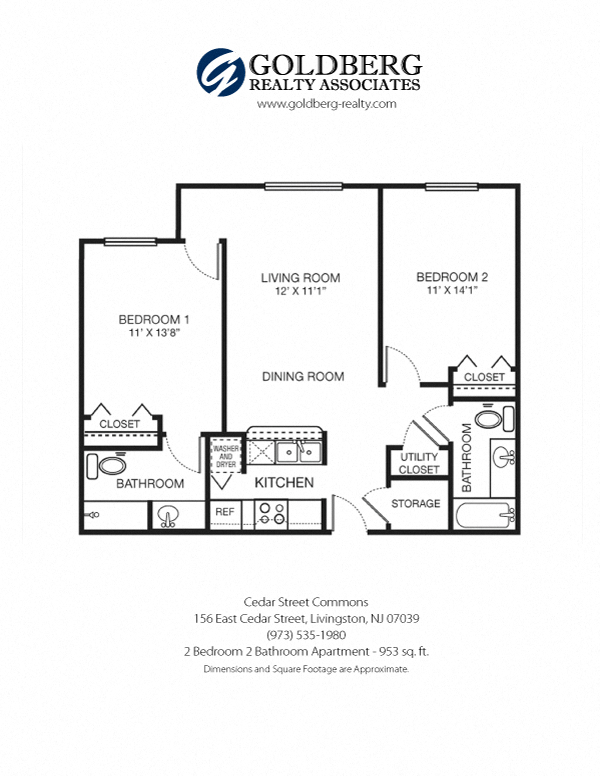 Floor plan for 2 beds, 2 baths, 953 sqft