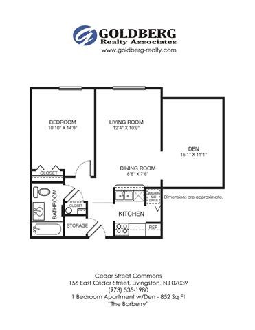 Floor plan for 1 bed, 1 bath, 852 sqft