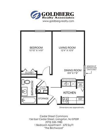 Floor plan for 1 bed, 1 bath, 670 sqft
