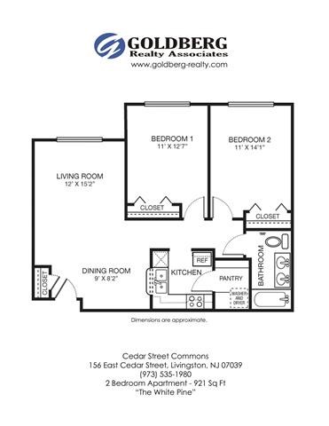 Floor plan for 2 beds, 1 bath, 921 sqft