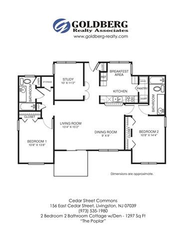 Floor plan for 2 beds, 2 baths, 1297 sqft