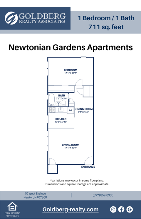 Floor plan for 1 bed, 1 bath, 711 sqft