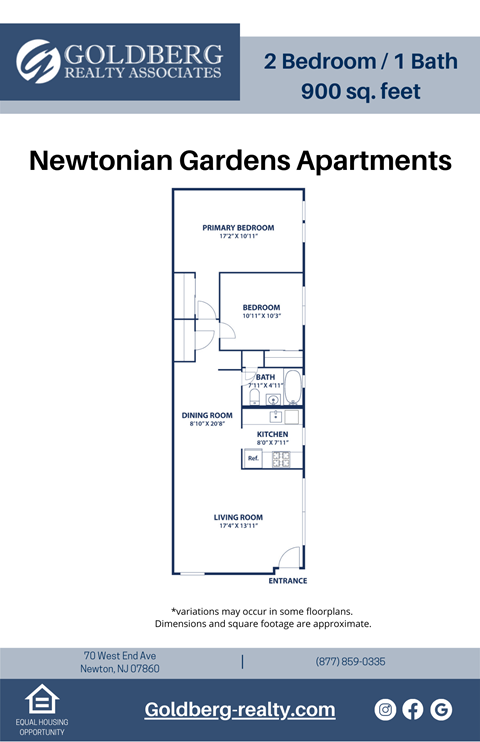 Floor plan for 2 beds, 1 bath, 900 sqft