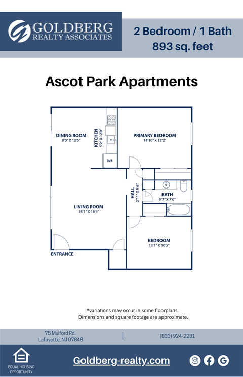 Floor plan for 2 beds, 1 bath, 893 sqft