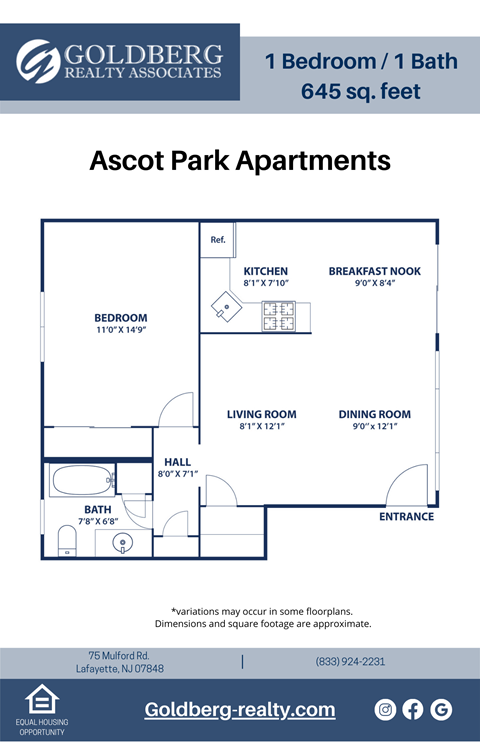 Floor plan for 1 bed, 1 bath, 645 sqft