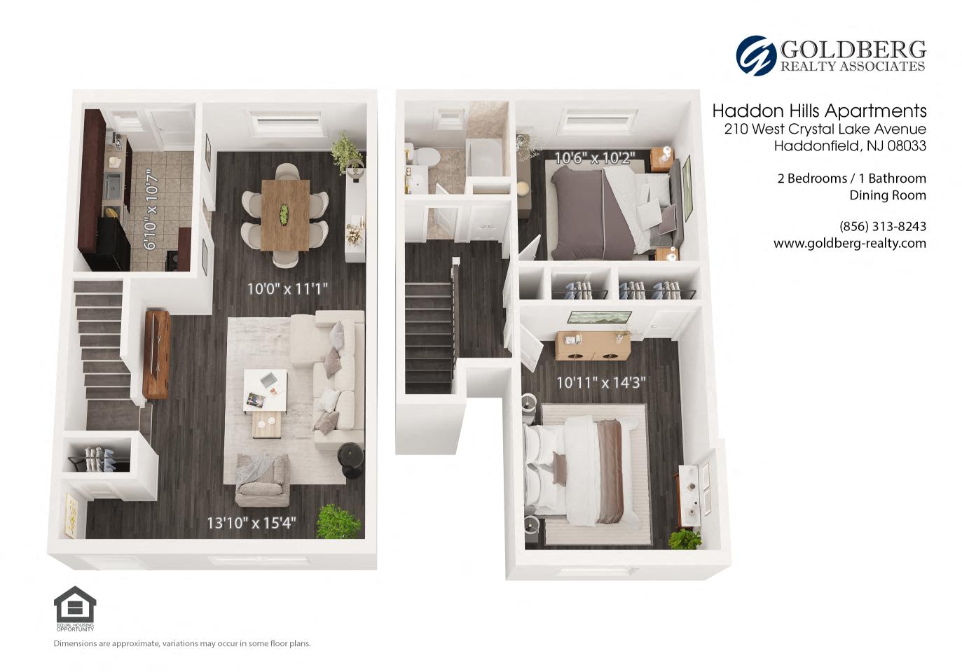 Floor plan for 2 beds, 1 bath, 935 sqft