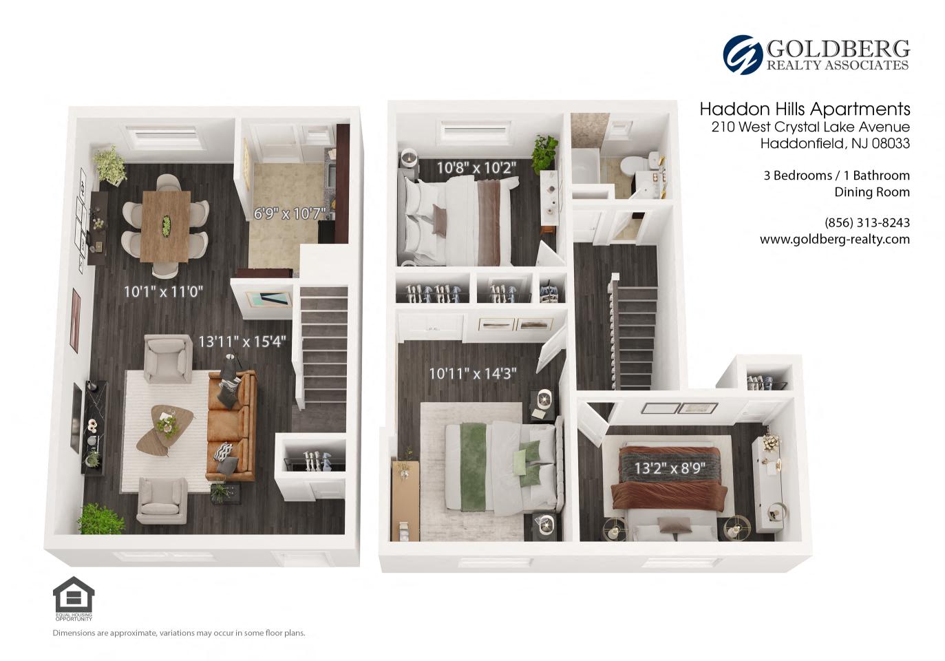 Floor plan for 3 beds, 1 bath, 1075 sqft