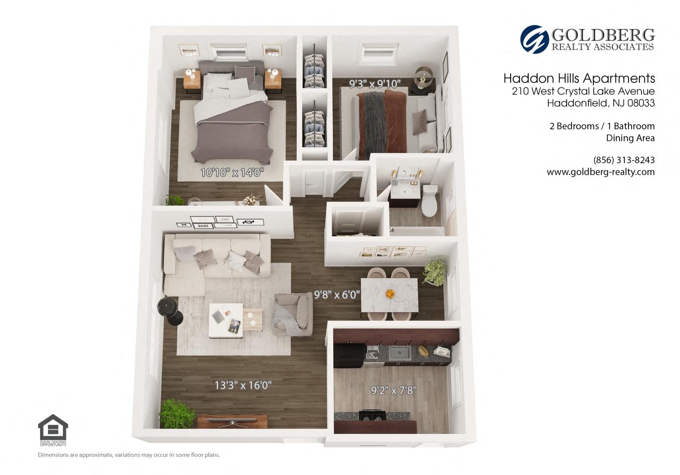 Floor plan for 2 beds, 1 bath, 765 sqft