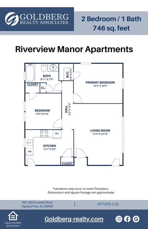 Floor plan for 2 beds, 1 bath, 746 sqft