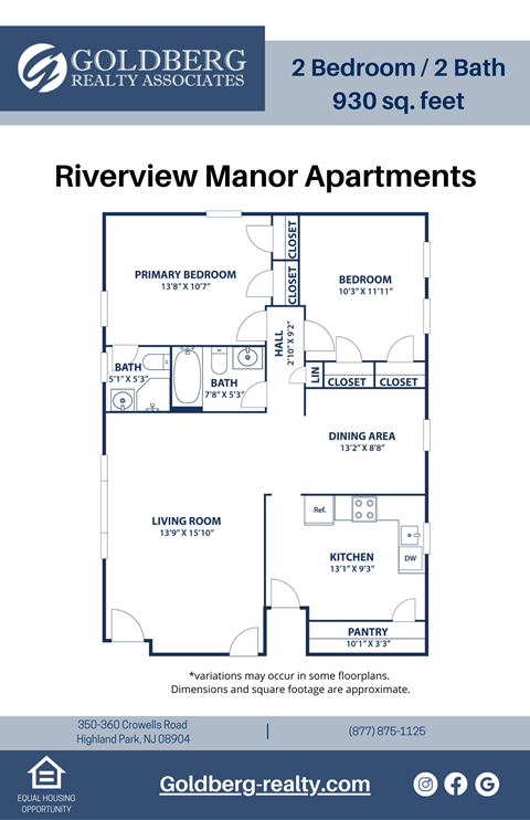 Floor plan for 2 beds, 2 baths, 930 sqft