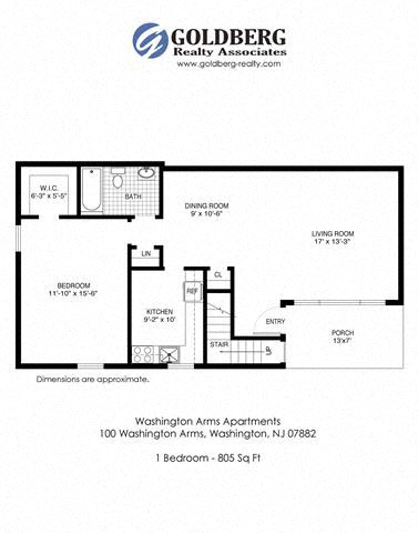 Floor plan for 1 bed, 1 bath, 740 sqft