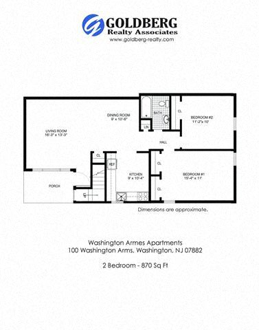Floor plan for 2 beds, 1 bath, 874 sqft