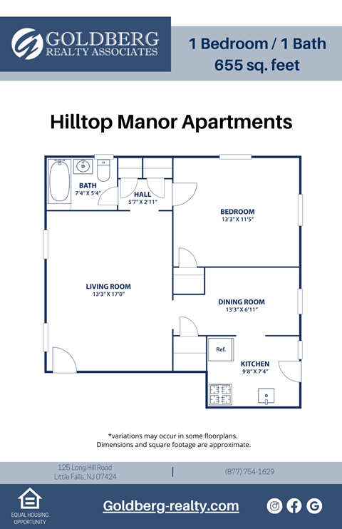 Floor plan for 1 bed, 1 bath, 655 sqft