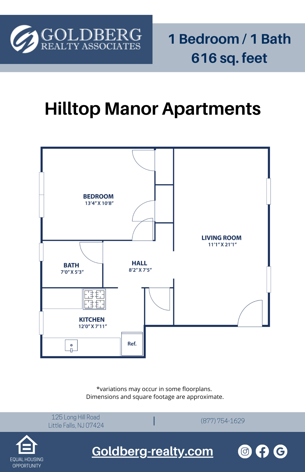 Floor plan for 1 bed, 1 bath, 616 sqft