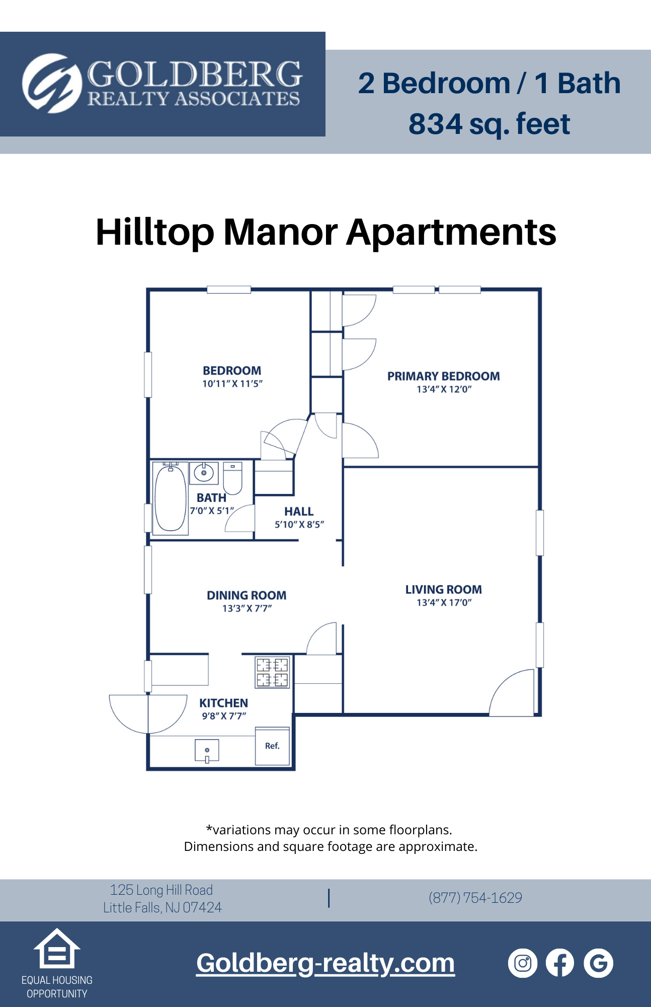 Floor plan for 2 beds, 1 bath, 834 sqft