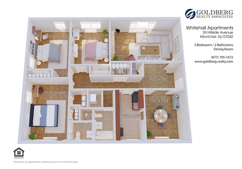 Floor plan for 3 beds, 2 baths, 1615 sqft