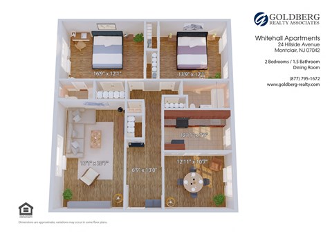 Floor plan for 2 beds, 1.5 baths, 1325 sqft