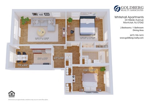 Floor plan for 2 beds, 1 bath, 1050 sqft