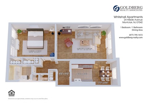 Floor plan for 1 bed, 1 bath, 840 sqft