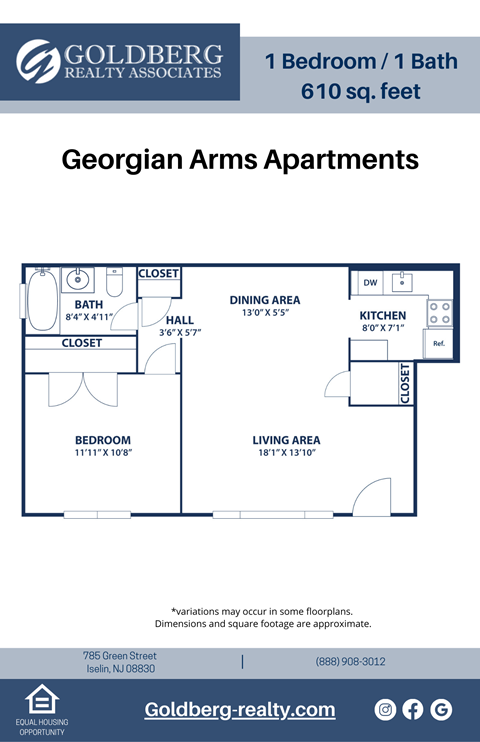 Floor plan for 1 bed, 1 bath, 610 sqft