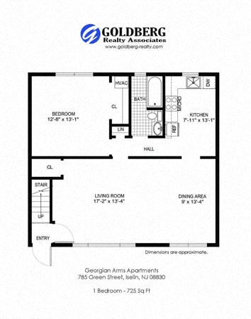 Floor plan for 1 bed, 1 bath, 763 sqft