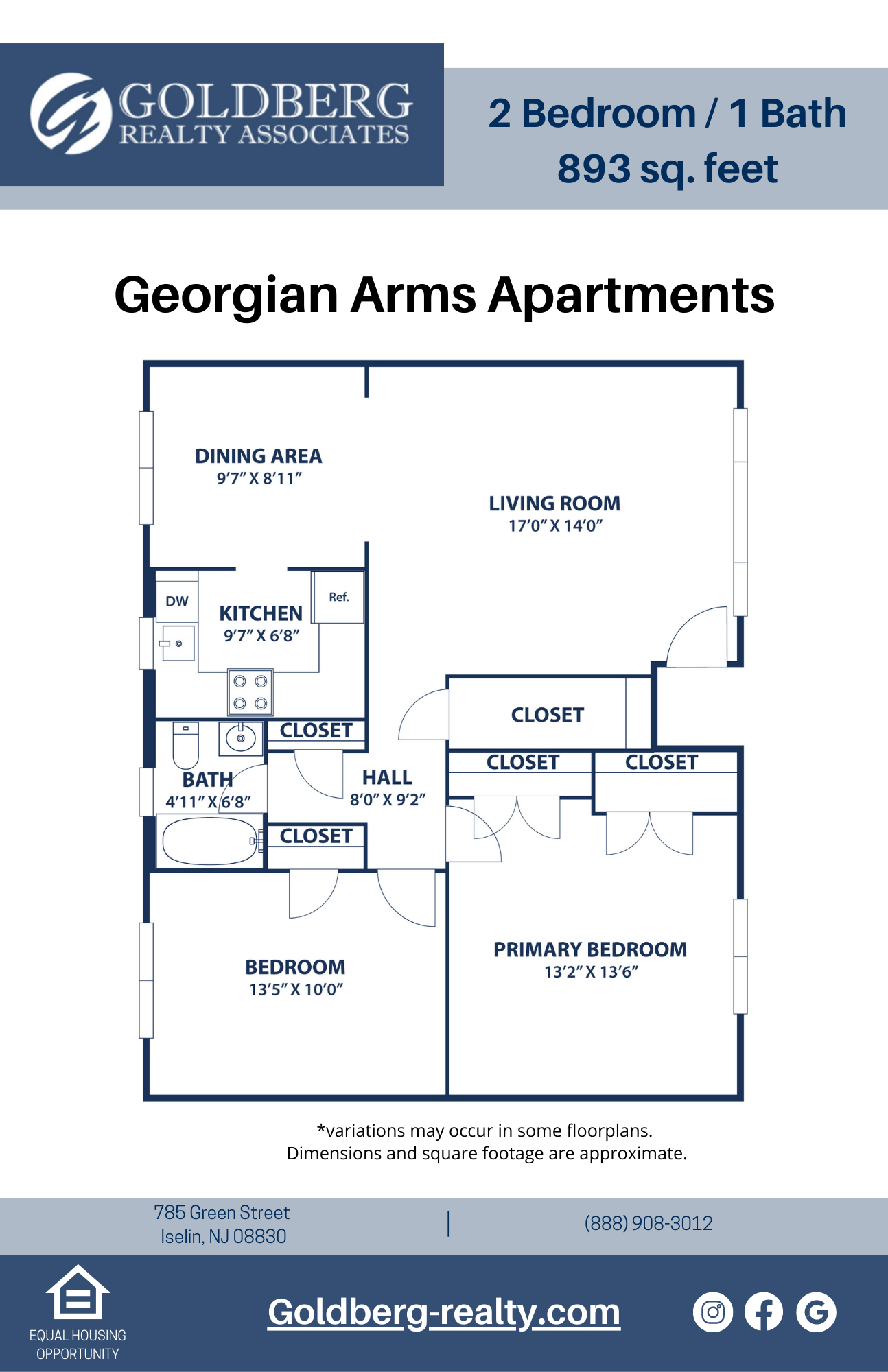 Floor plan for 2 beds, 1 bath, 893 sqft